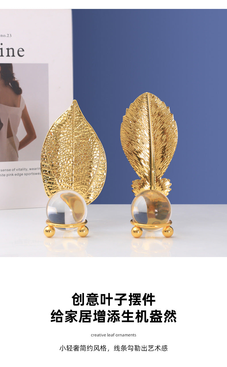 Nordic Light Luxury Metal Leaf Crystal Ball Ornament for Study Room Bookshelf Wine Frame Model Room Entrance Decoration Ornament