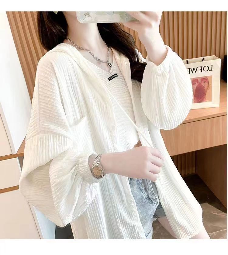plus Size300White Long Sleeve Sun Protection Jacket for Women, Summer Versatile Mid-Length Loose Cardigan with Hood