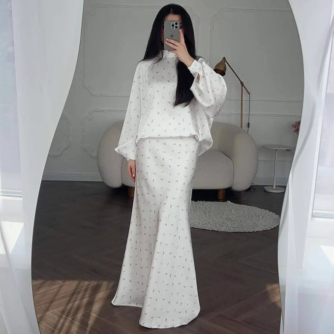 2025Autumn European and American Cross-Border New Loose Comfortable Elegant Shirt Sleeve Floral Top Half Skirt Set Women's Clothing