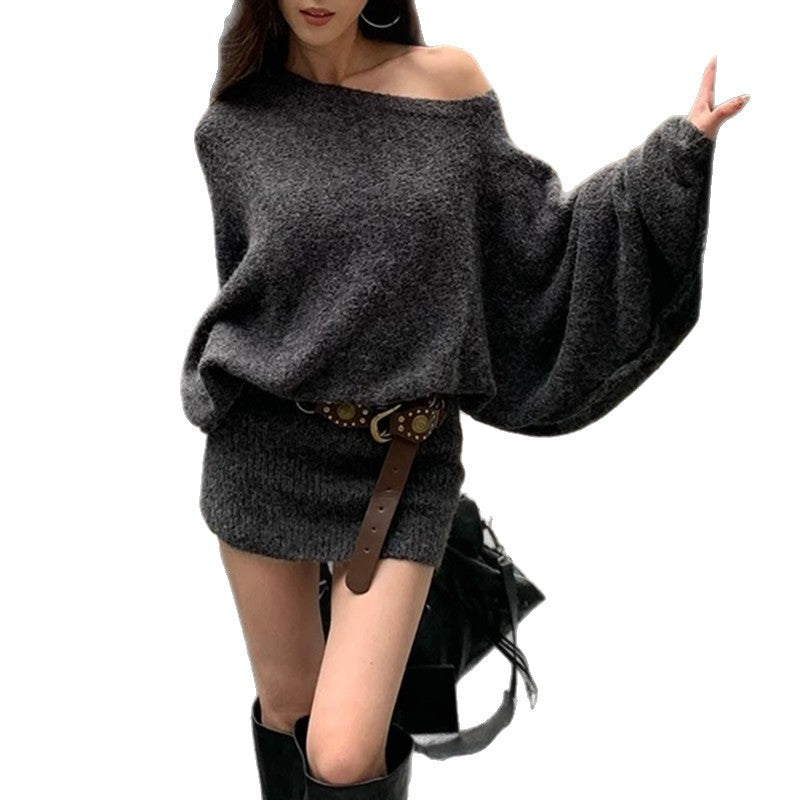 Korean Style Asymmetrical Shoulder Batwing Sleeve Sweater Dress for Women2025Autumn and Winter New Style Belted Elegant Hot Girl Bodycon Mini Dress