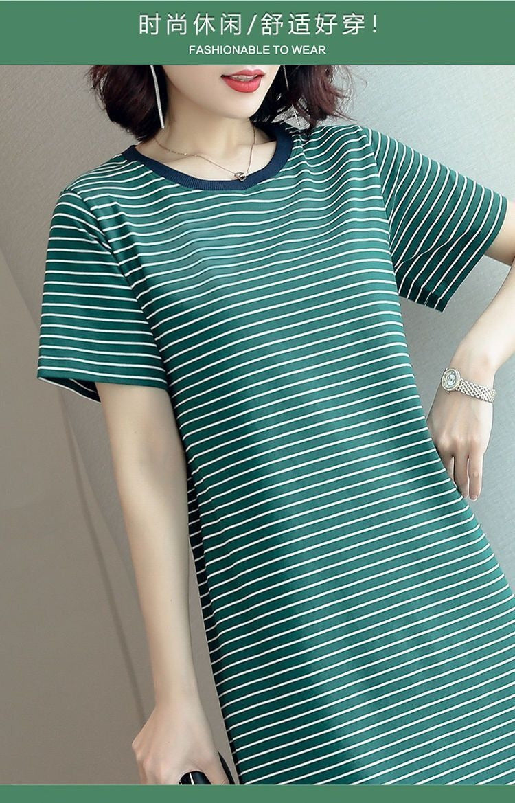 Summer Waist-Cinching Dress Plus Size Middle-Aged and Elderly Mom Outfit Mid-Length Striped Short Sleeve T Women's T-shirt Skirt Cross-Border Wholesale