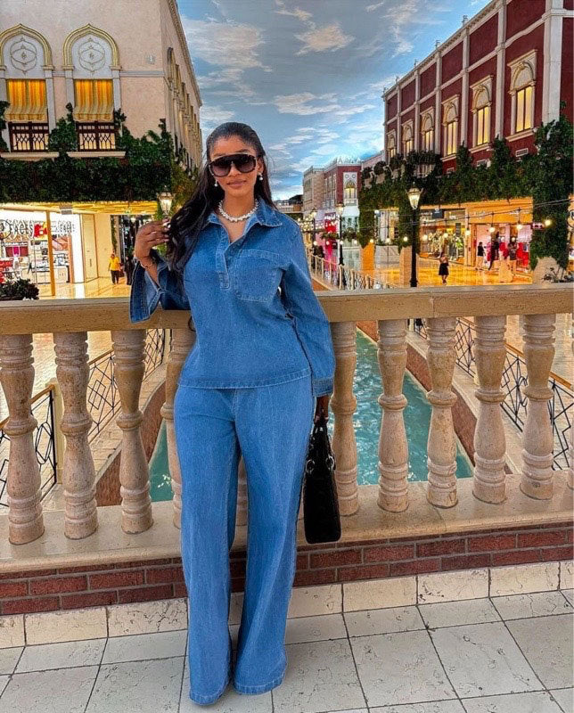Cross-Border European and American New Women's Denim Suit Long Sleeve Lapel Pocket Top Lace-up Straight-leg Pants Two-piece Set