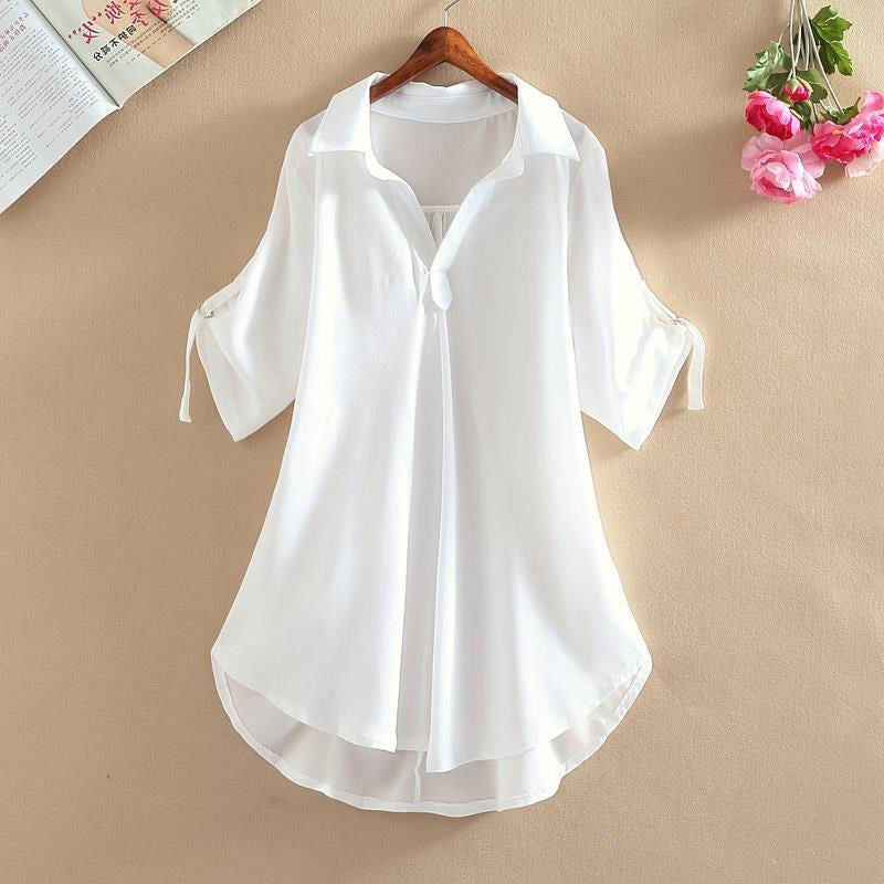 Women's Mid-Length Short Sleeve Chiffon Blouse2025Summer New Large Size Loose Waist Slimming Chiffon Blouse for Women Trendy