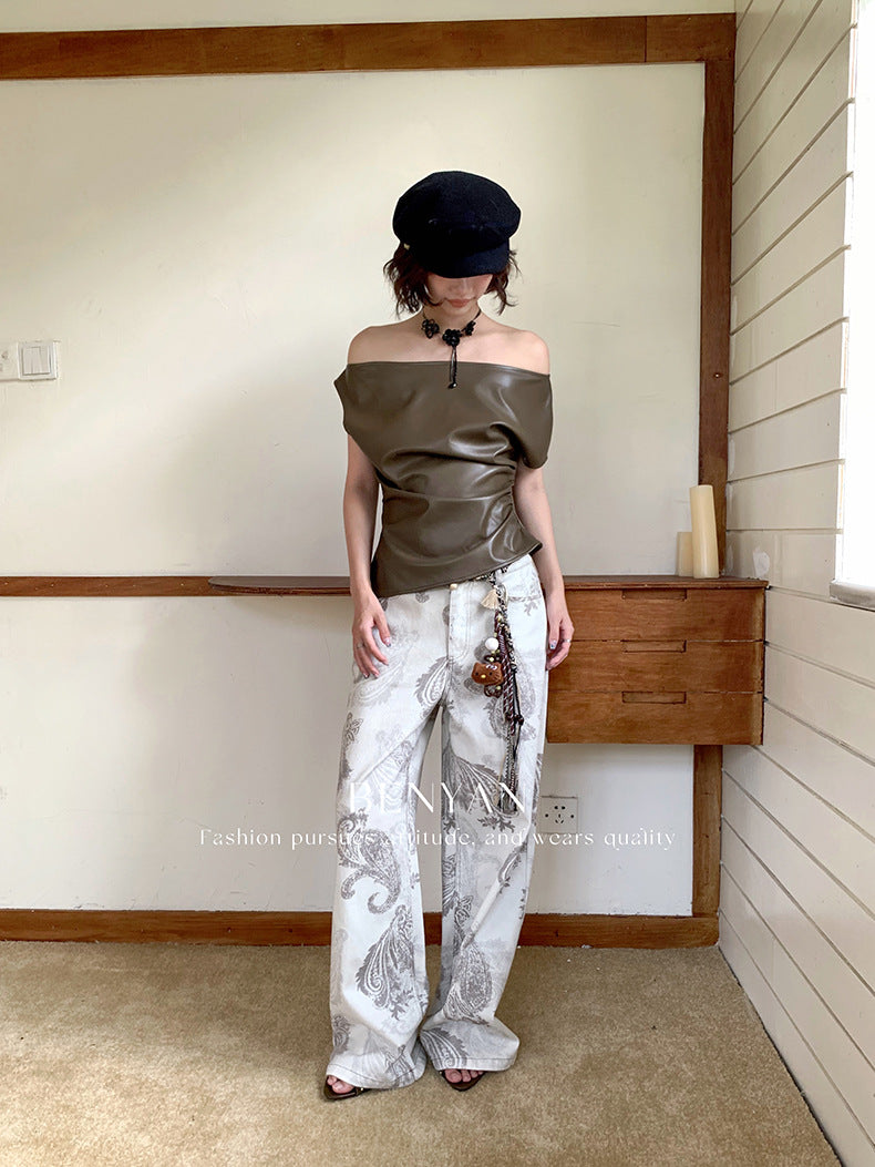 Original text Thirteen Lines Autumn Loose Retro Print Versatile Casual Jeans for Women【Includes Waist Belt】82285