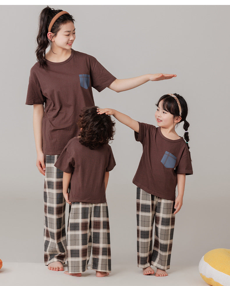 Parent-Child Cotton Homewear Summer Style Children's Short Sleeve Long Pants Set Cartoon Air Conditioning Clothing Sweat-Absorbing Printed Pajamas Couple Outfit