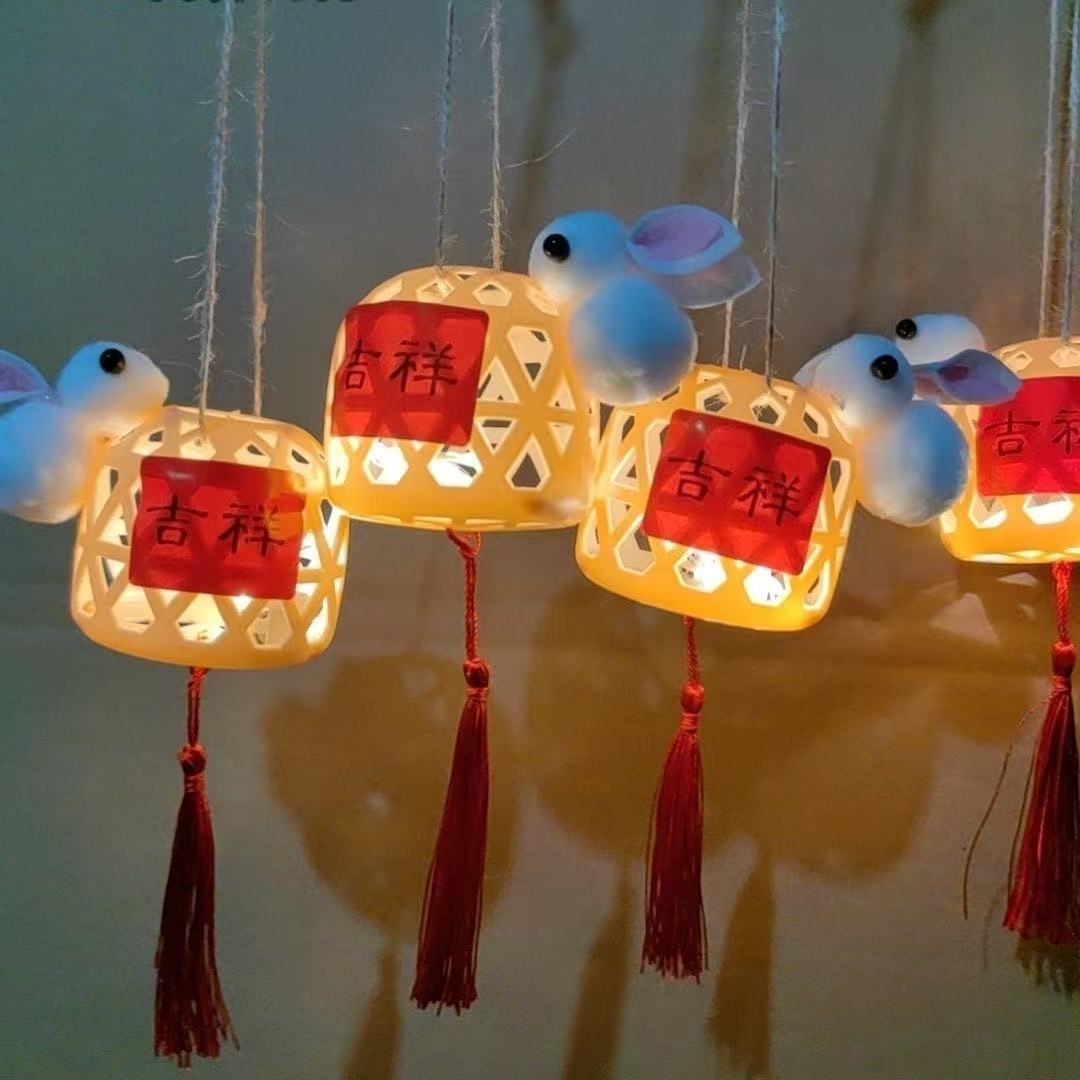 Wholesale Mid-Autumn Festival Gifts for Tourist Attractions and Night Markets, Small Merchandise Toys, Imitation Bamboo Woven Handheld Lighted Rabbit Lanterns