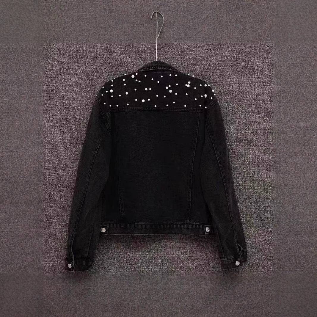 Amazon Cross-Border Southeast Asia Heavy Fashion Beaded Short Denim Jacket for Women Pearl Plus Size Jacket ns Top