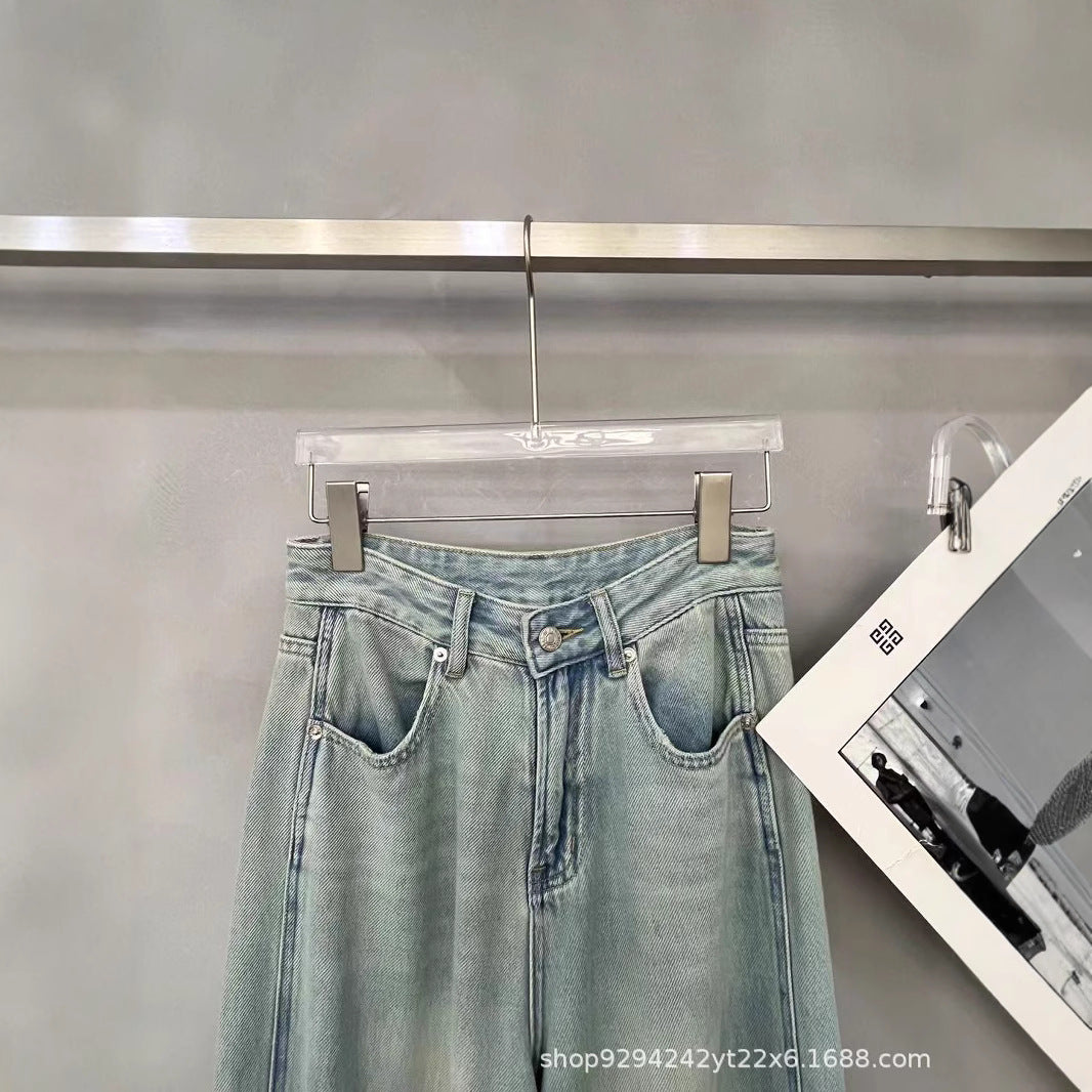 2025New Women's Light Blue Flared Pants Four Seasons Thin Straight Wide-Leg Floor-Length Pants Nanyou Casual Denim Trousers