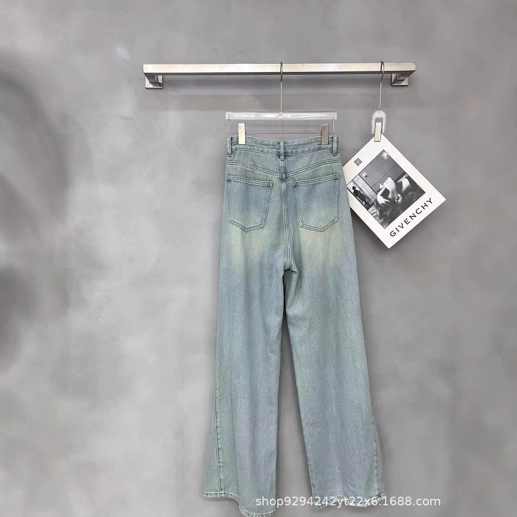 2025New Women's Light Blue Flared Pants Four Seasons Thin Straight Wide-Leg Floor-Length Pants Nanyou Casual Denim Trousers
