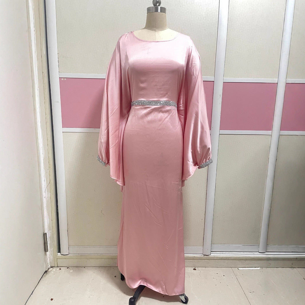 2025New AliExpress Amazon Dubai Spring Summer Solid Color Beaded Crystal Chain Satin Fashion Dress for Women
