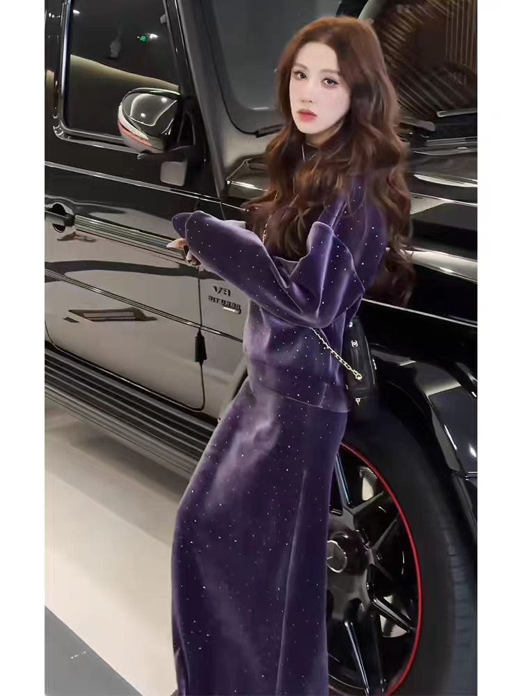 Spring High-End Exquisite Luxury Style Little Chanel Purple Sequin Velvet Dress Set