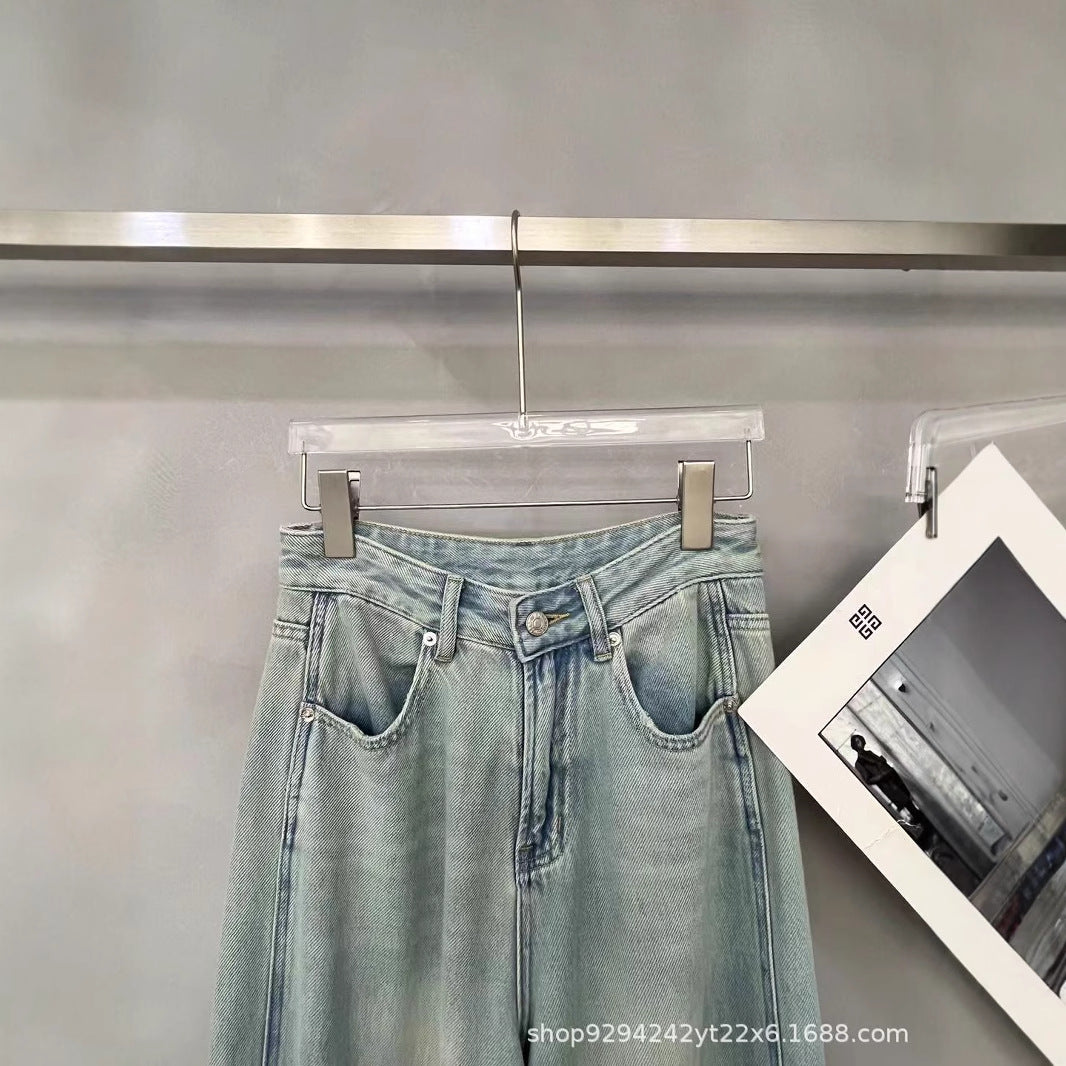 2025New Women's Light Blue Flared Pants Four Seasons Thin Straight Wide-Leg Floor-Length Pants Nanyou Casual Denim Trousers