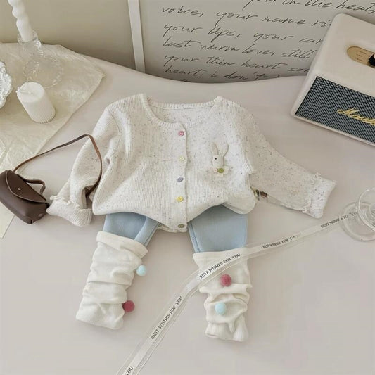 【Sweet Little Chef】Korean Children's Clothing Baby Girl 3D Rabbit Cardigan Sweater Jacket Ball Leggings Two-Piece Set