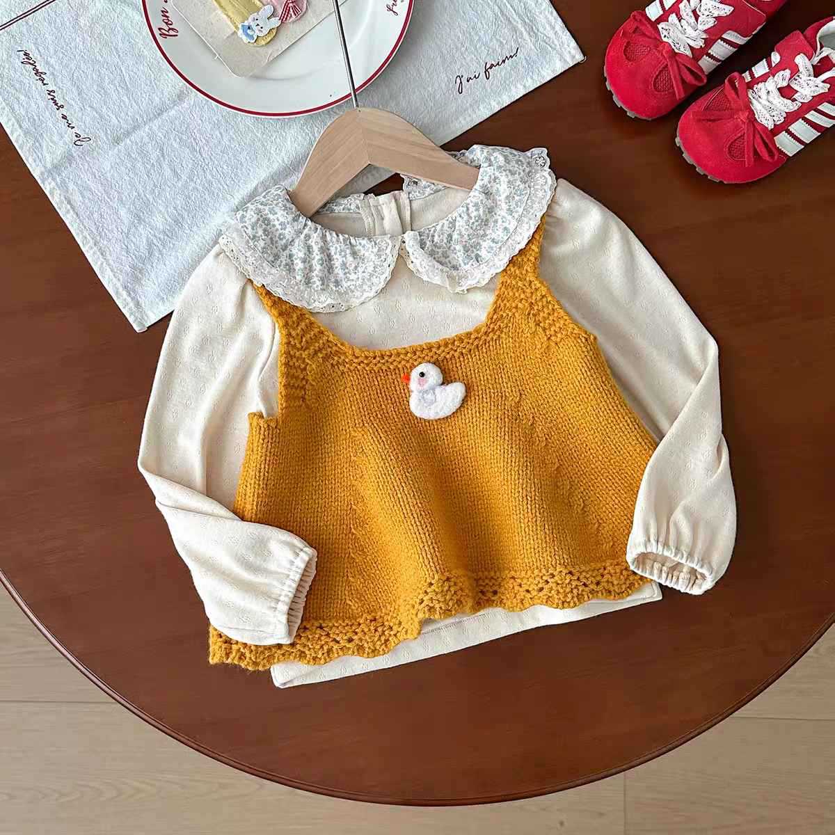 Sweet Little Girl Autumn Set Little Yellow Duck Knitted Vest+Floral Collar Shirt+Denim Wide-Leg Pants Three-Piece Set