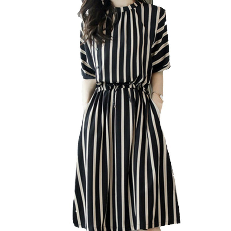 Beautiful Striped Dress2025Korean Style Lace-Up Waist-Cinching Loose Skirt Summer Mid-Length Plus Size Women's Clothing Wholesale