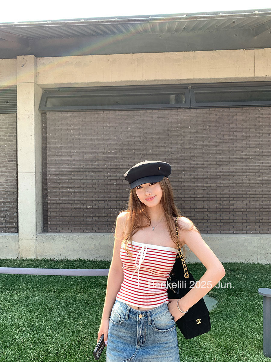 Chestnut Cocoa Bankelili'Blue Coastline'High-Level Spicy Girl Knitted Striped Tube Top Vest for Women Pure Desire