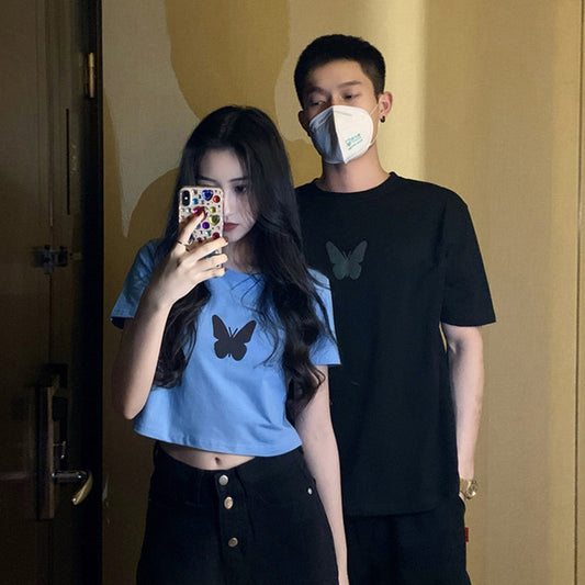 Summer2025New Year's Trendy Internet Celebrity Couple Outfit Reflective Butterfly Short Sleeve t Women's Summer T-shirt ins Super Popular Short Top