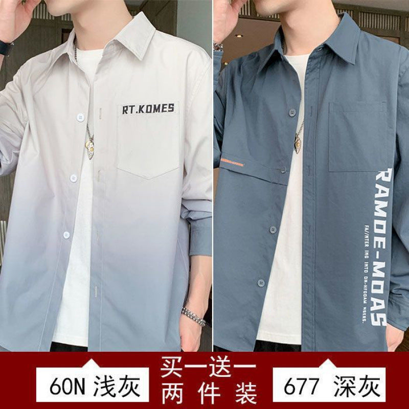 Gradient Long Sleeve Shirt for Men, Spring and Summer Loose Thin Jacket, Korean Style Trendy Casual ins Fashion Brand Sunscreen Shirt