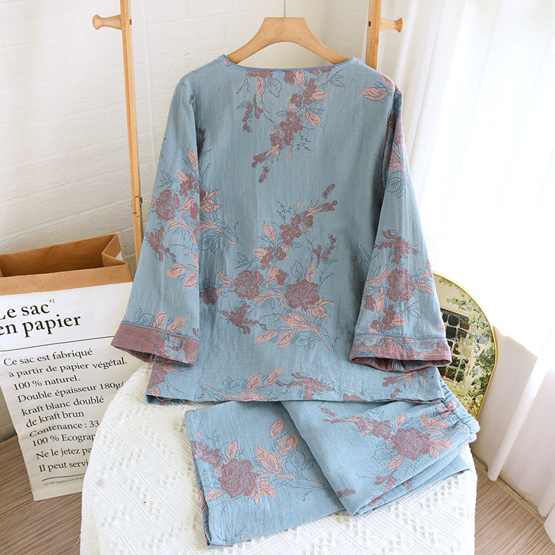 Women's Pearl Button Color Woven Jacquard National Style Pajamas Spring Four Seasons Thin Round Neck Pullover Homewear Set Suitable for Outerwear