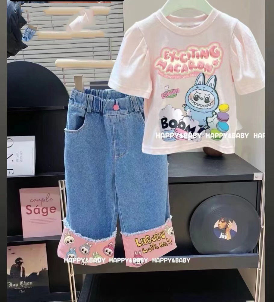 Girls' Bowknot Jeans2025New Style Children's Fashionable Wide-Leg Pants for Older Kids, Long Straight-Leg Pants