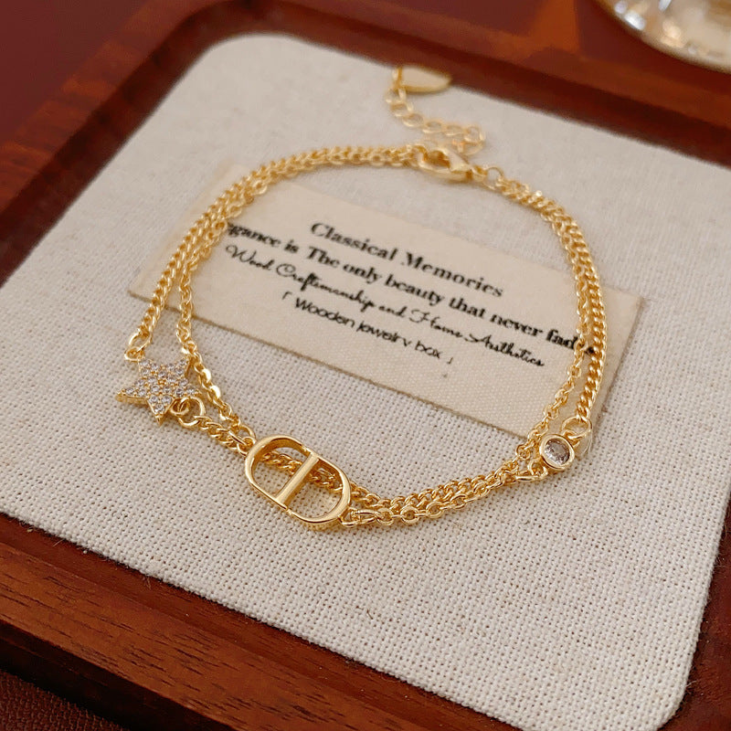 Zircon Star Pig Nose Double Layer Bracelet Niche Light Luxury High-end Versatile Fashion Commuting Vintage Jewelry
