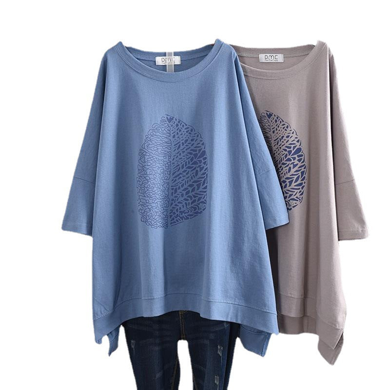 200Plus Size Women's Summer Leaf Print Casual Split Mid-Length Short Sleeve Dress T Women's Loose Fit Plus Size Shirt