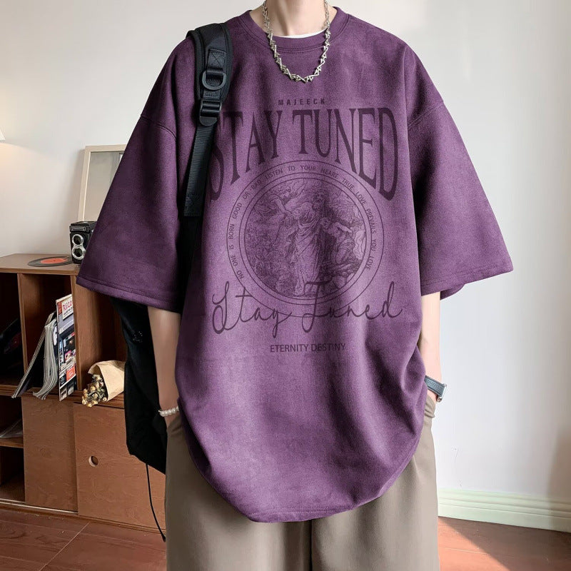2025New Faux Suede Short Sleeve Men's Summer New American Style Heavyweight Trendy Loose Half Sleeve T Trendy Five-Sleeve Shirt