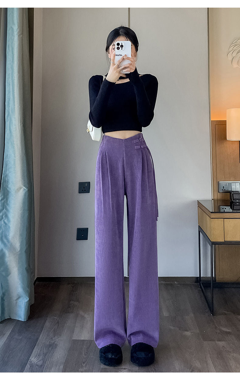 Maillard2025Autumn Winter New Chinese Style Buttoned Fleece Chenille Wide-Leg Pants for Women High Waist Draped Straight-Leg Casual Pants