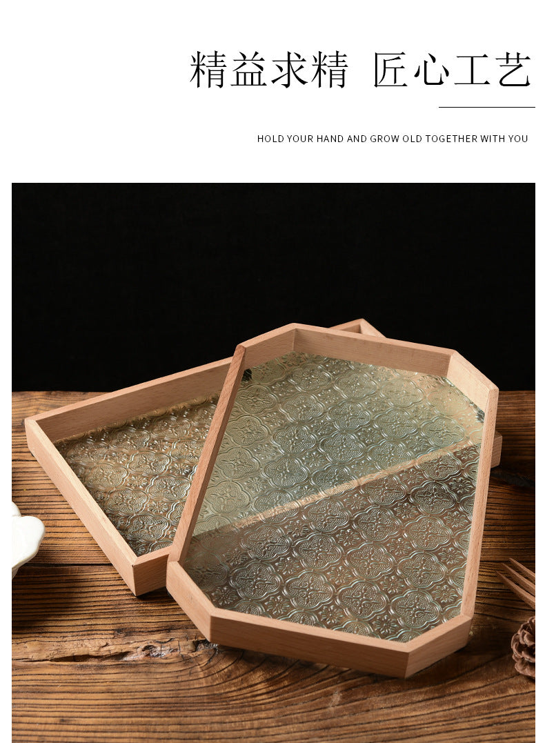 Begonia Embossed Glass Tray Walnut Color Rectangular Tea Tray Storage Ornaments Tea Water Cup Fruit Snack Plate