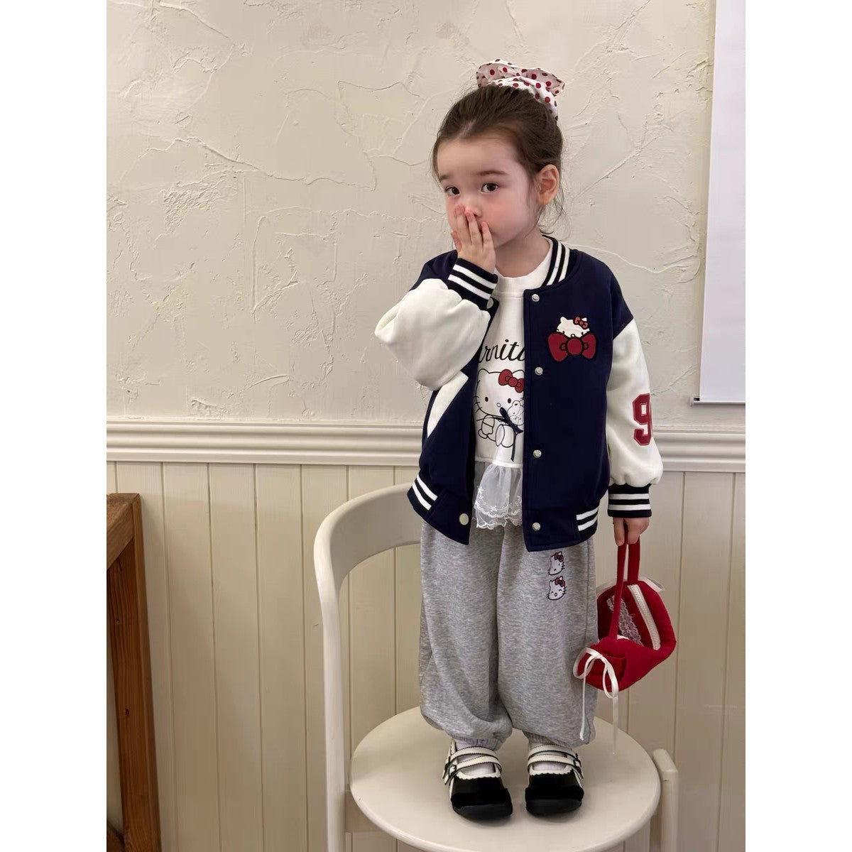 Sweet Little Chef Children's Clothing2025Autumn New Cute Girls' Toddler Outfit KT Cat Color Block Baseball Jacket Cartoon Sweatshirt Trendy