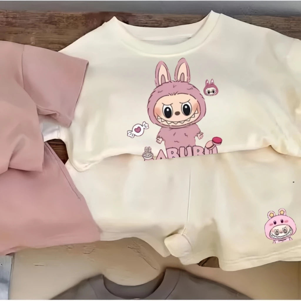 Cute Short Sleeve and Shorts Cartoon Fashion Casual Set for Boys and Girls, Loose Trendy Two-Piece Set for Toddlers and Kids