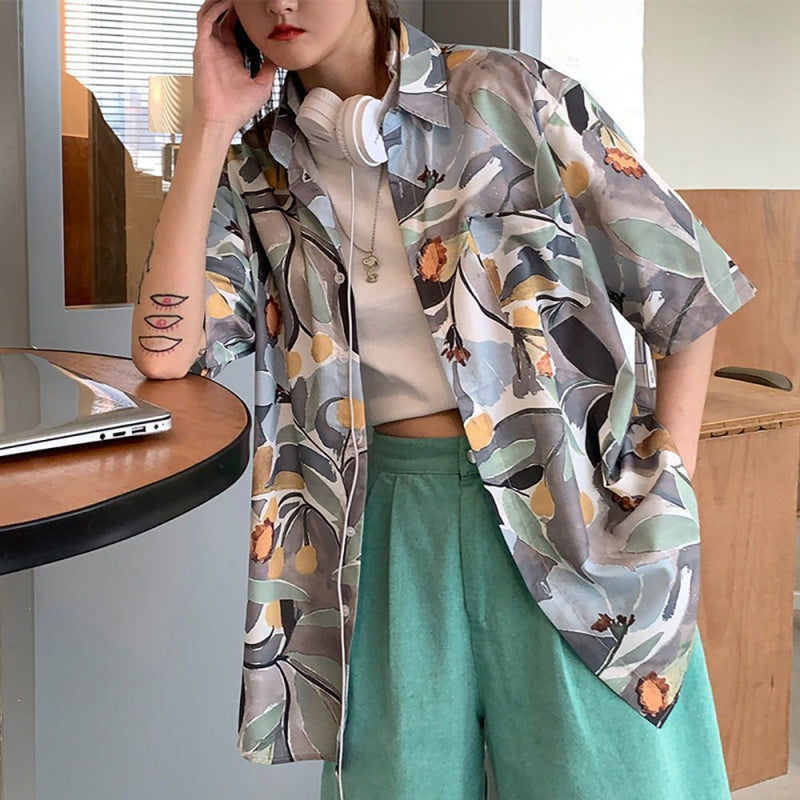 Summer Short Sleeve Floral Shirt for Men and Women Hawaiian Retro Hong Kong Style Loose Ice Silk Shirt Couple Outfit