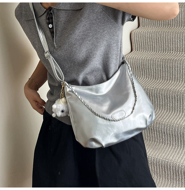 Summer Fashion Simple Casual Soft Surface Fresh Glossy Solid Color Large Capacity Commuter Shoulder Crossbody Bag2025New