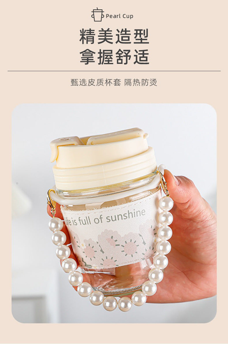 Glass Cup Straw Water Cup High Temperature Resistant Pearl Bracelet Double Drinking Cup Cup Souvenir Creative High Appearance Universal