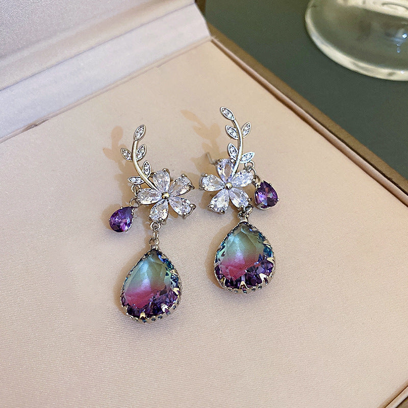 Medieval vintage Zircon Earrings Silver Needle Exaggerated Heavy Craft Flower Water Drop Studs Light Luxury High-end Feel Earrings for Women