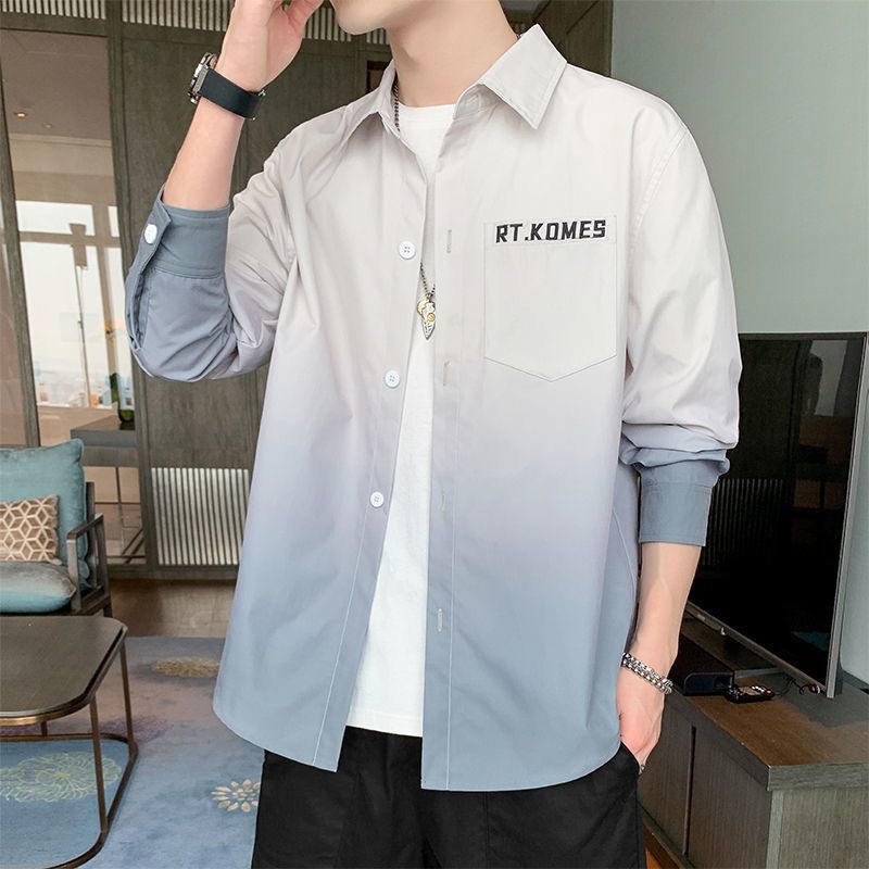 Gradient Long Sleeve Shirt for Men, Spring and Summer Loose Thin Jacket, Korean Style Trendy Casual ins Fashion Brand Sunscreen Shirt