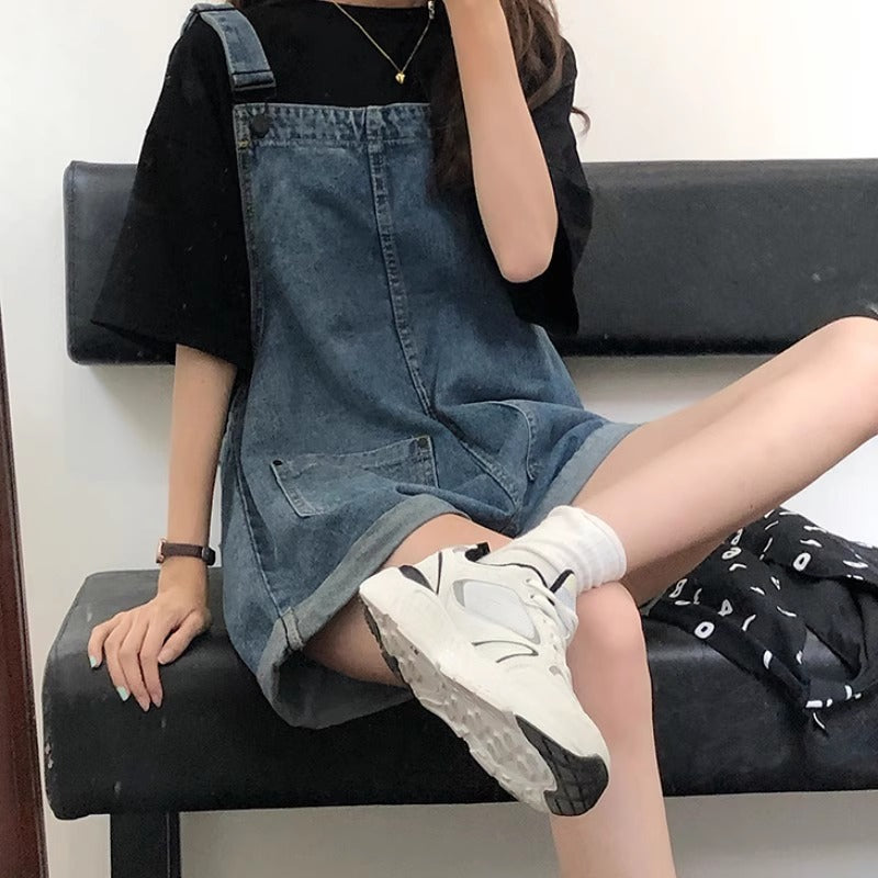 Women's Denim Overalls Summer Thin Loose Slimming Straight Strap Jumpsuit Denim Overalls Shorts