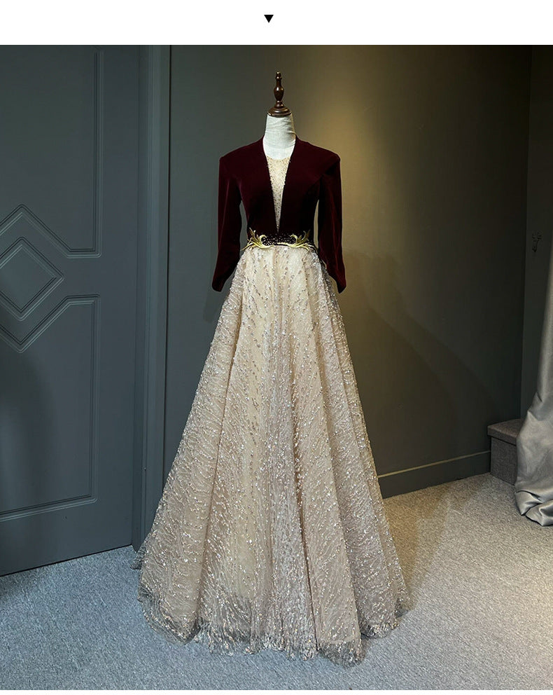 High-end chorus performance dress for women long gown2025New Elegant Host Evening Dress with High-End Feel for Ethnic Vocal Music