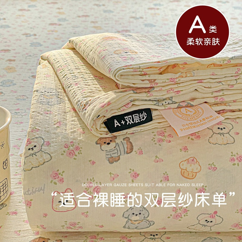 a Double-layer Gauze Bed Sheet Single Piece Fresh Style A Summer-style Naked Sleep Pillowcase Single Double Student Dormitory Three-piece Set