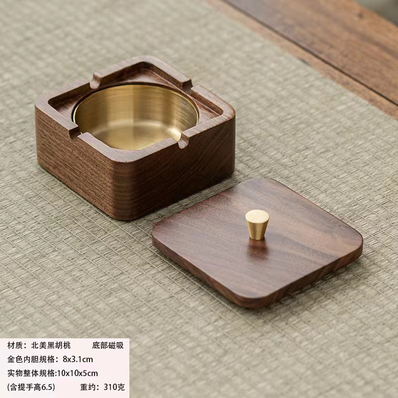 Walnut Ashtray for Home Living Room with Lid, Anti-Fly Ash, Stainless Steel Inner Liner, Creative Office Quality Ashtray
