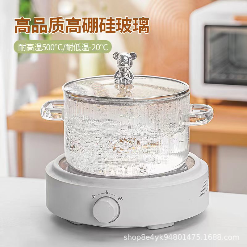 Creative Bear Double Ear Soup Pot Striped Pot Glass Transparent Health Pot Electric Ceramic Stove Heatable Instant Noodle Bowl Milk Pot