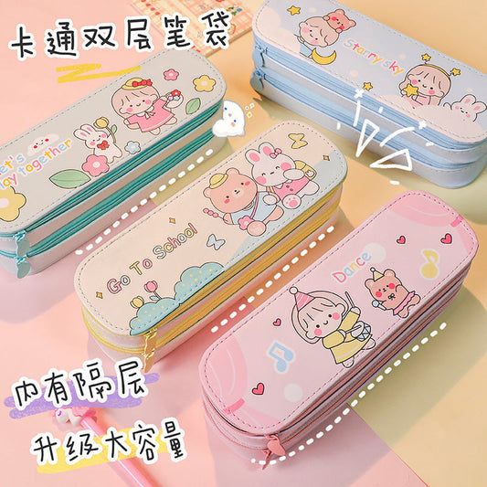 Back-to-School Season Double-Layer Pencil Case Large Capacity Simple Canvas Japanese Style ins Cute pencil case for girls and elementary school students http://detail.1688.com/offer/641079955231.html