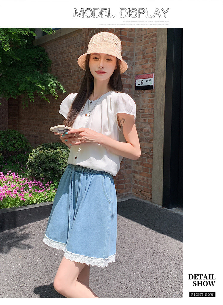 Japanese Style Wide-Leg Jeans for Women2025High Waist Lace Trim Casual Shorts Loose Straight Five-Point Shorts Trendy