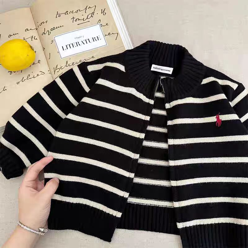 Children's Sweater2025Spring and Autumn Boys' Stand Collar Zipper Knitted Cardigan Baby Toddler Autumn Striped Jacket Children's Clothing