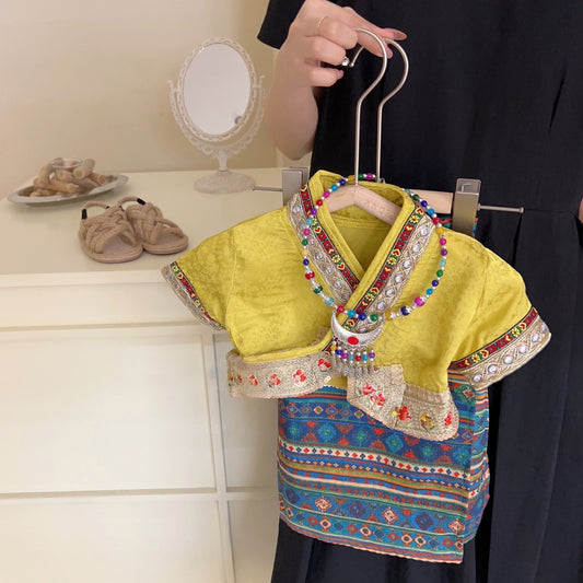 Girls25Summer Retro Dai Ethnic Style Set for Girls with Printed Skirt and Short Sleeve Tie Top Set