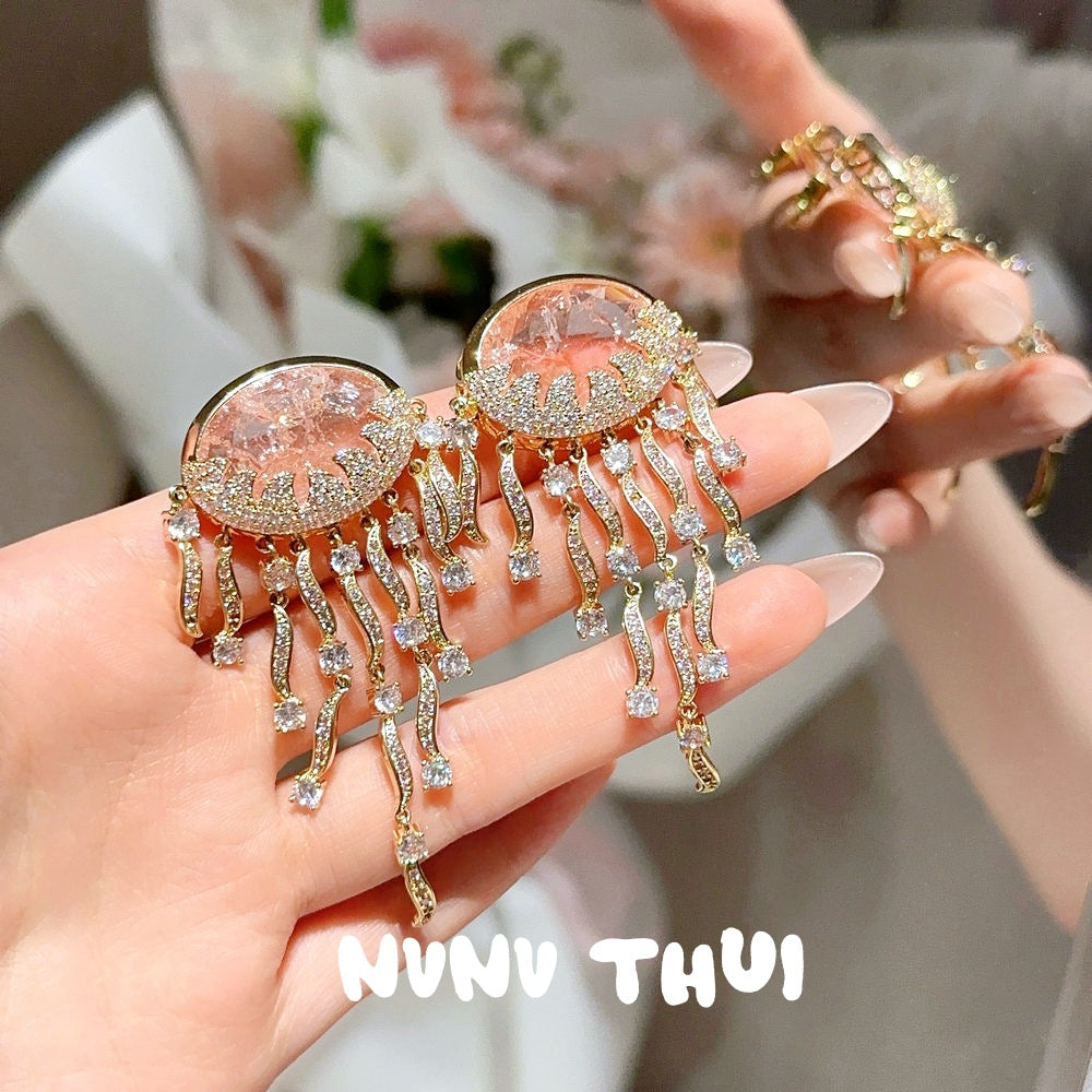 Sparkling Paphos Cloud Pattern Jellyfish Tassel Gemstone Earrings The Joy of a Rich Woman Egg-shaped Princess Pink Earrings