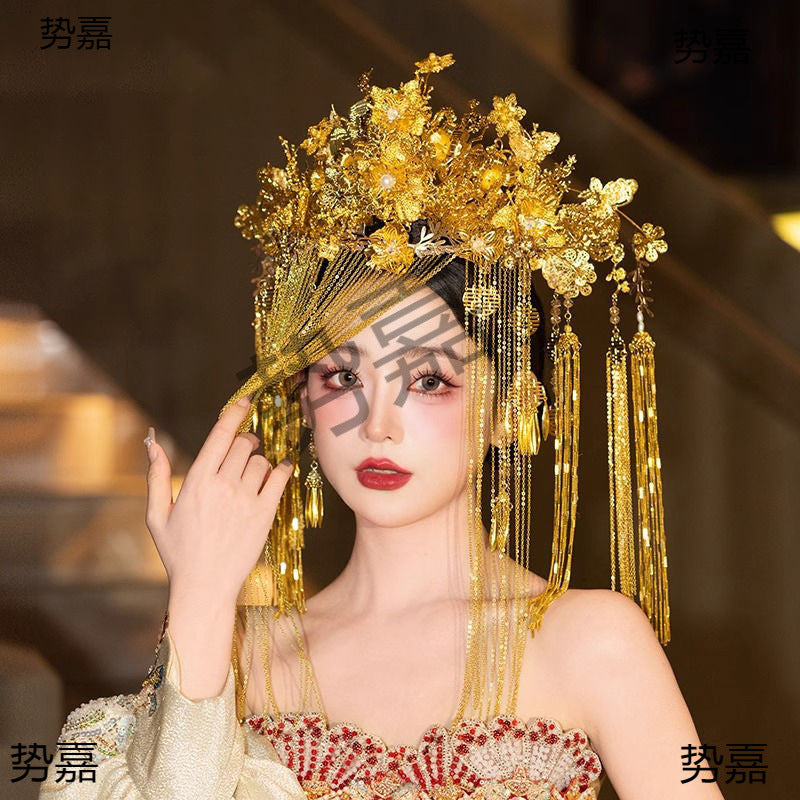 Bridal Hair Accessories Set Tiara Versatile Qing Dynasty Style Xiuhe Costume Crown Veil Hair Accessories Makeup Gold