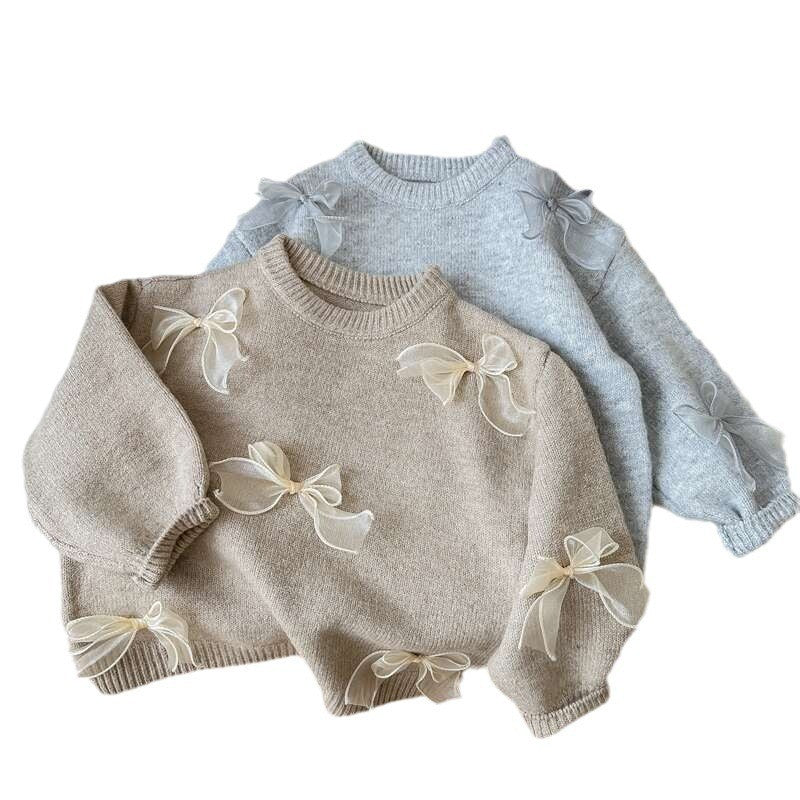 Sweet Little Sister Korean Children's Sweater Spring and Autumn New Fashionable Girls' Korean Style Fashionable Children's Bow Knitted Sweater