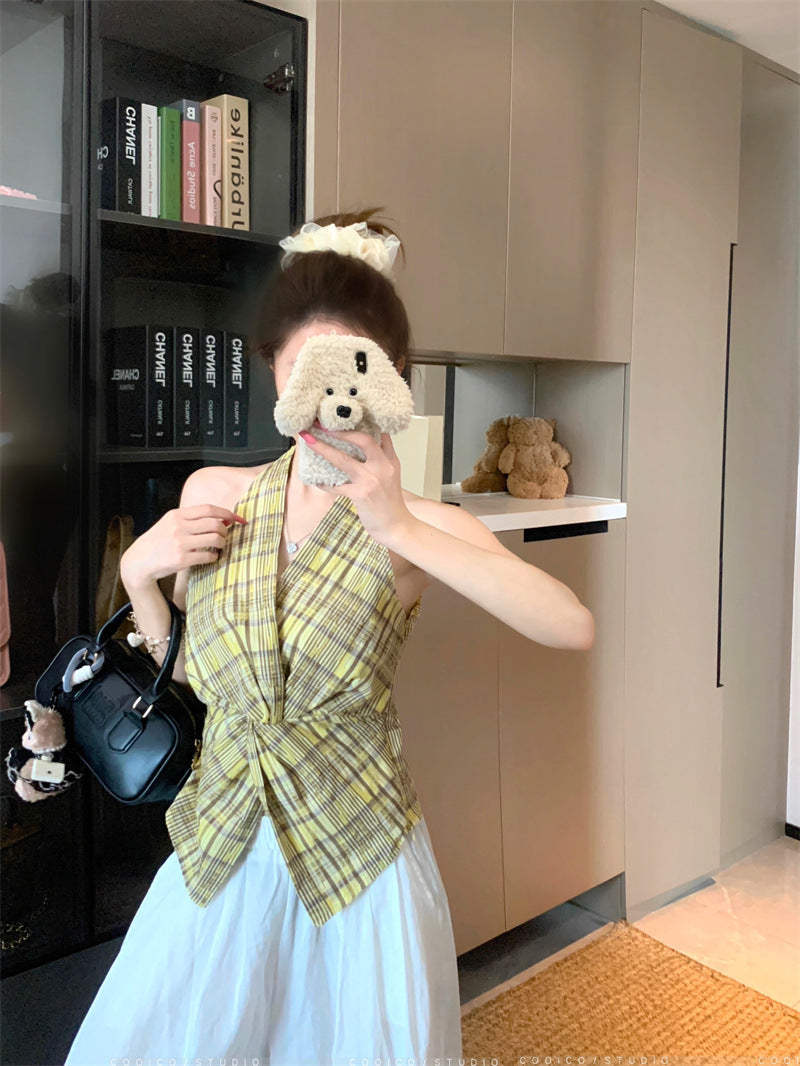 Summer2025New Korean Retro Plaid Knot Waist Slimming Elegant Halter Top Women's Camisole Trendy
