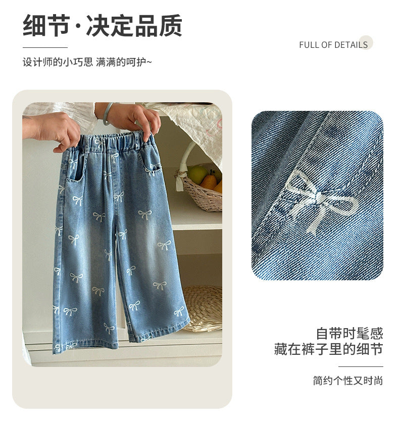 Girls' Pants Bowknot Print Jeans Wide Leg Straight2025Autumn New Fashionable and Stylish for Girls and Young Children